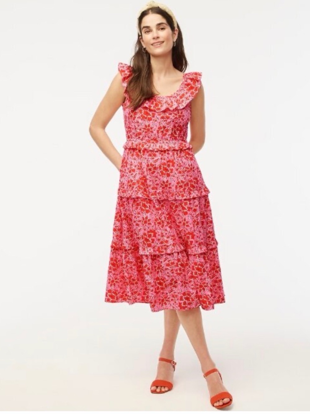 J. Crew Pink and Red Floral Tiered Midi Dress